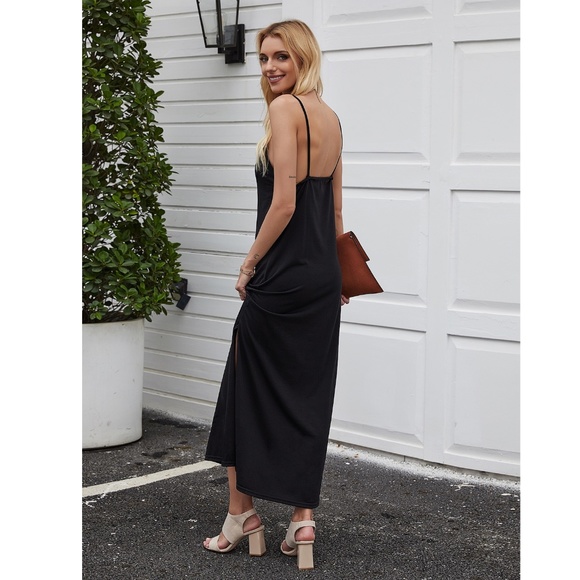 Black Cami Slip Casual Maxi Dress w/ Slits - Picture 3 of 9